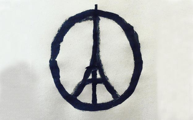 La imagen fusiona la Torre Eiffel con el su00edmbolo de la paz en un trazo manual en blanco y negro. Foto: Jean Jullien