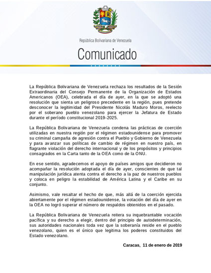 Venezuela condena declaración de la OEA sobre Maduro