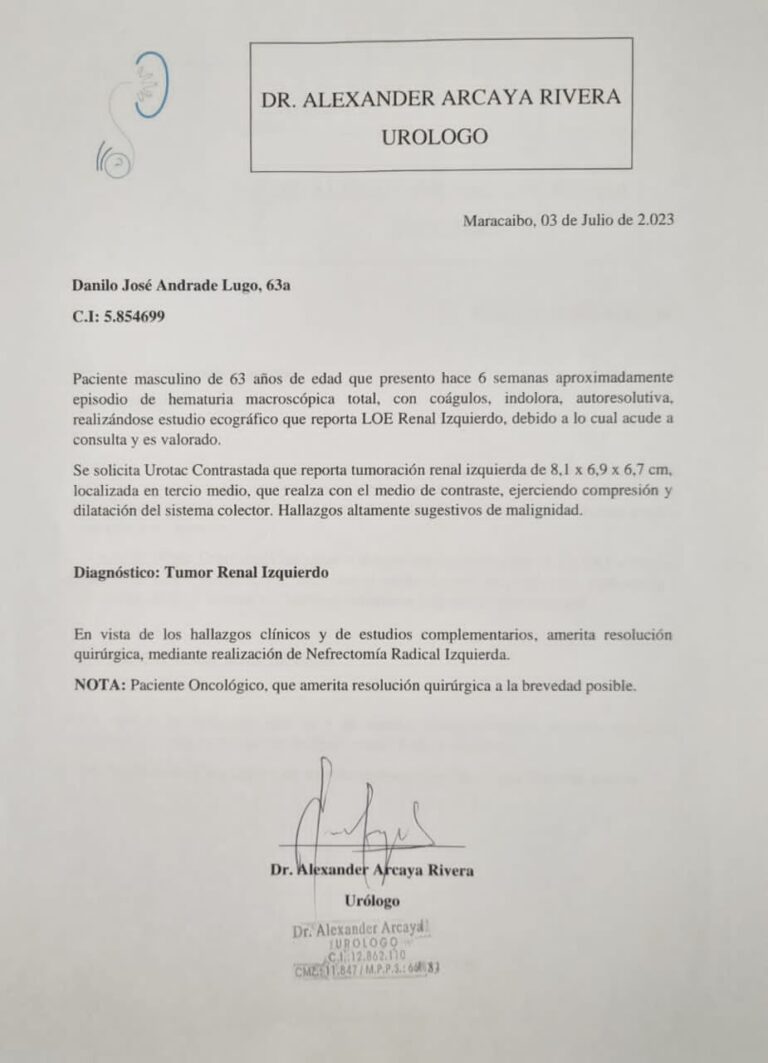 Ingeniero requiere ayuda para urgente cirugía por tumor en riñón
