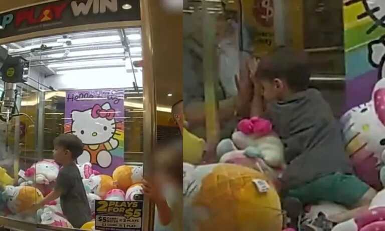 Policías rescatan a niño tras quedar atrapado en máquina de peluches