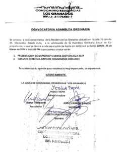 Convocatoria de Asamblea Ordinaria Residencias Los Granados