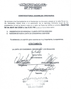 Convocatoria Asamblea Ordinaria Condominio Residencias Los Granados