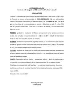 Convocatoria Agro-Inmobiliaria C.A