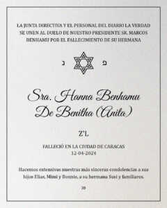 Obituario  Sra. Hanna Benhamu