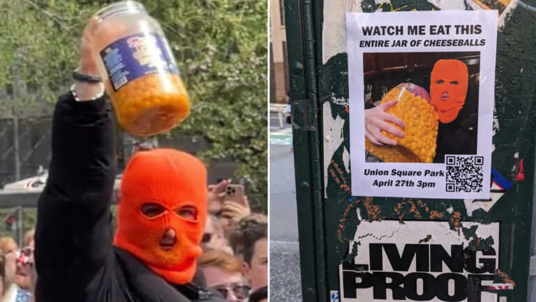 Una multitud acude a ver a un enmascarado comer bolas de queso en Nueva York