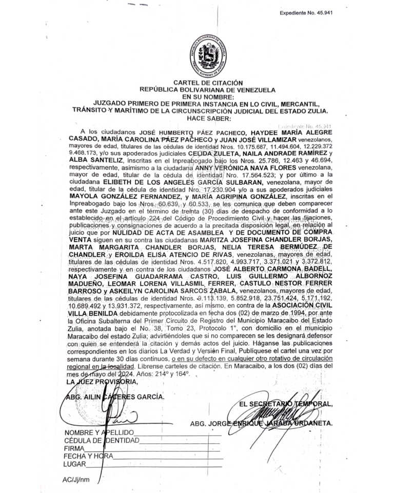 Cartel de Citación Expediente No 45.941