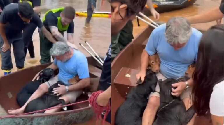 Hombre arriesga su vida para salvar a sus perritos de inundaciones en Brasil