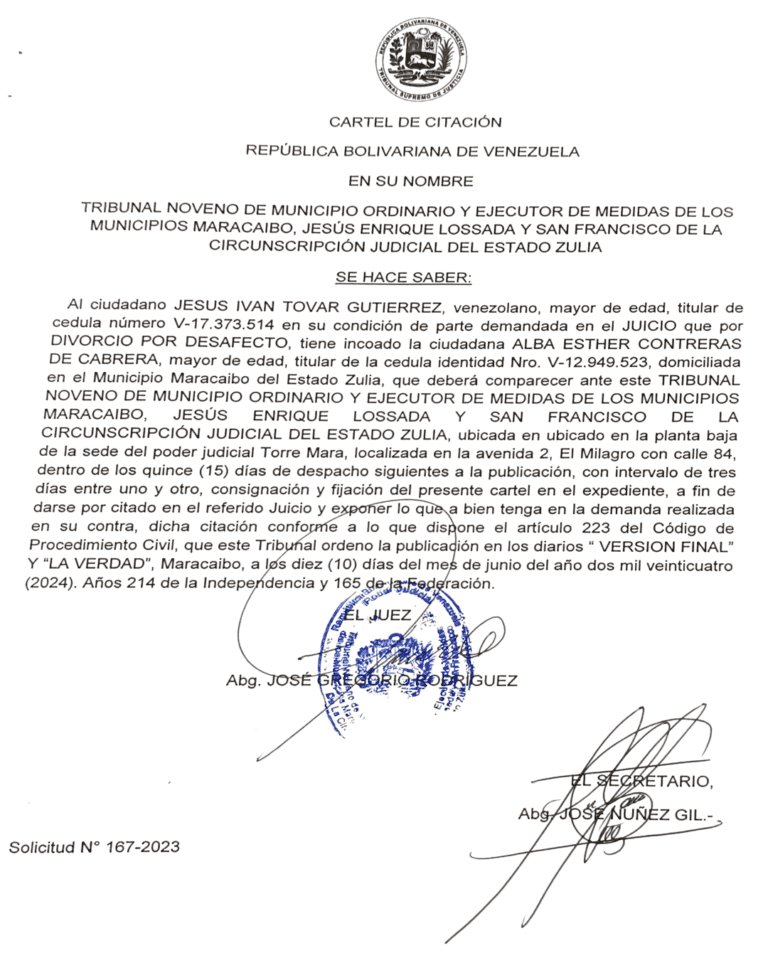 Cartel de citación Solicitud No. 167-2023
