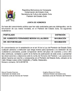 Cartel de Notificación “Junta de Honores” Dr. Humberto Fernández Morán