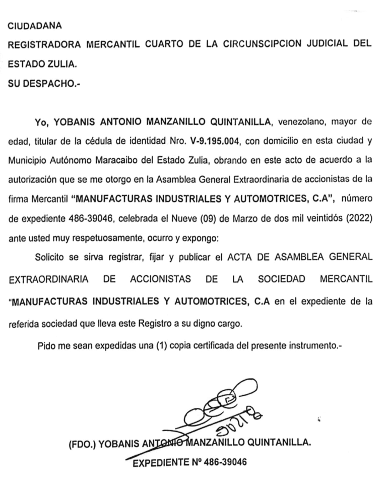 Acta de Asamblea General Manufacturas Industriales y Automotrices, C.A EXP. 486-39046