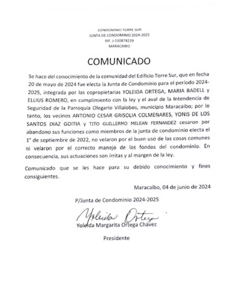 Comunicado Edificio Torre Sur