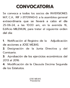 Convocatoria Inversiones M.P, C.A