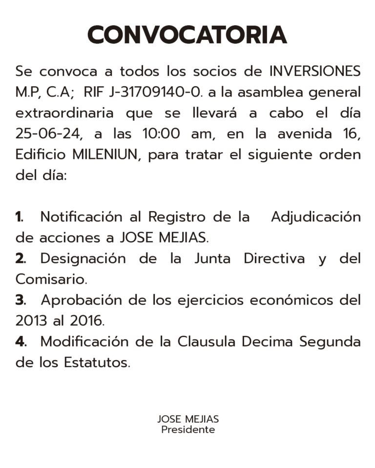 Convocatoria Inversiones M.P, C.A