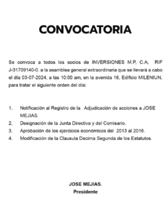 Convocatoria Inversiones M.P, C.A
