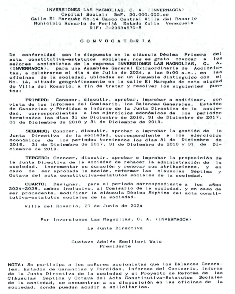 Convocatoria Inversiones Las Magnolias