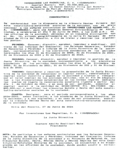 Convocatoria Inversiones las Magnolias, C.A
