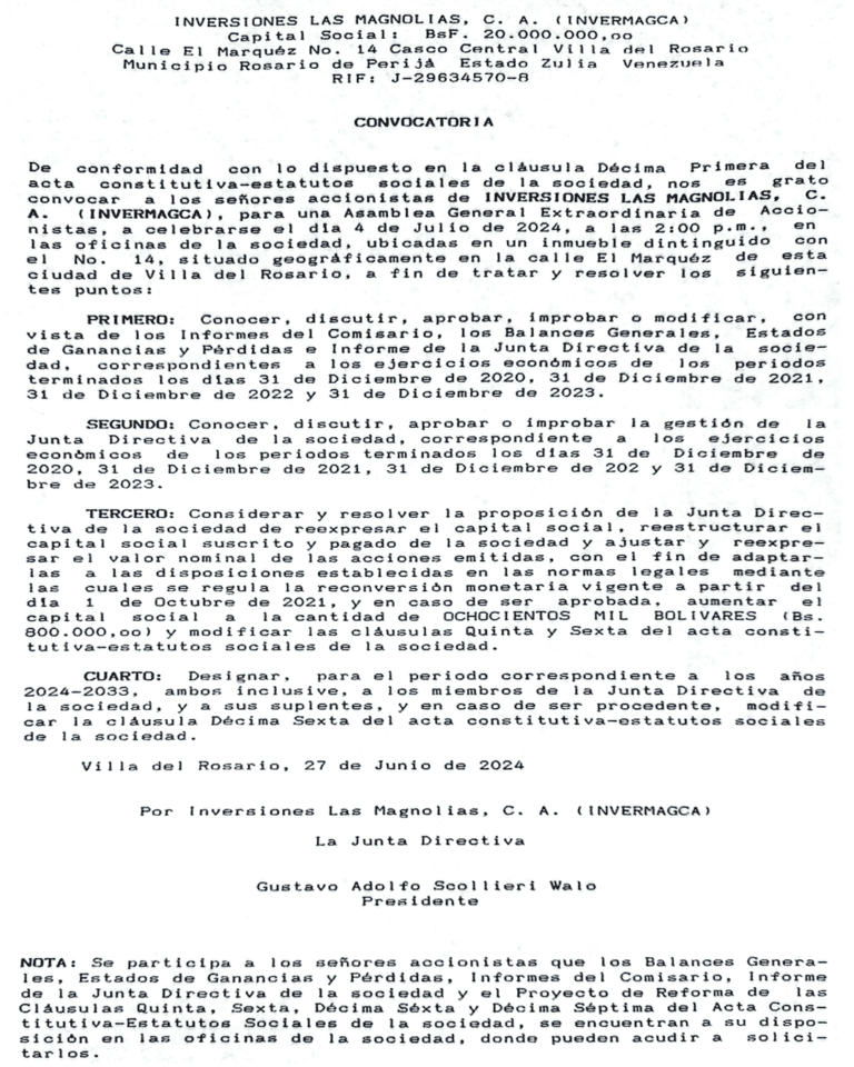 Convocatoria Inversiones las Magnolias, C.A