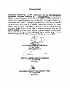 Asamblea General Extraordinaria LATICON,S.A