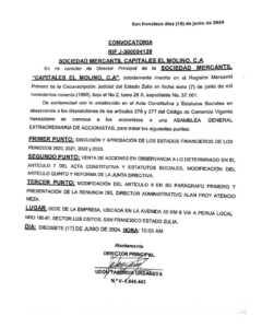 Convocatoria Sociedad Mercantil Capitales el Molino, C.A