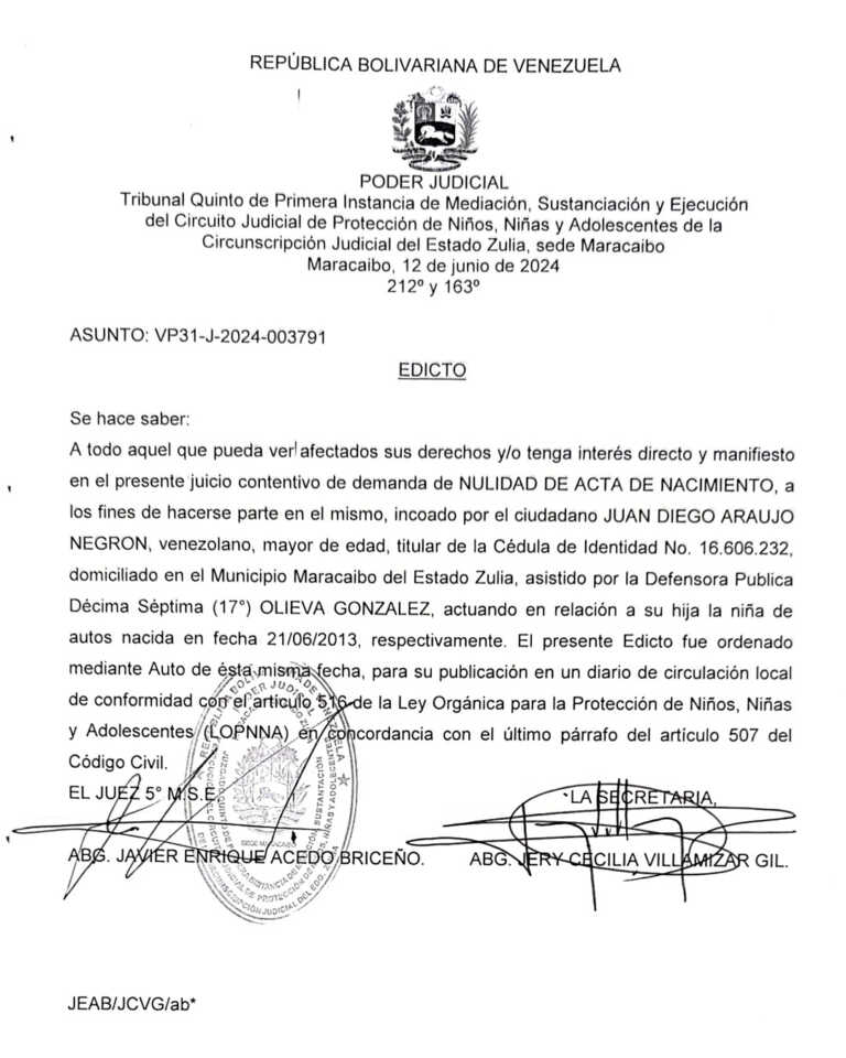 Edicto Asunto: VPP31-J-2024-003791
