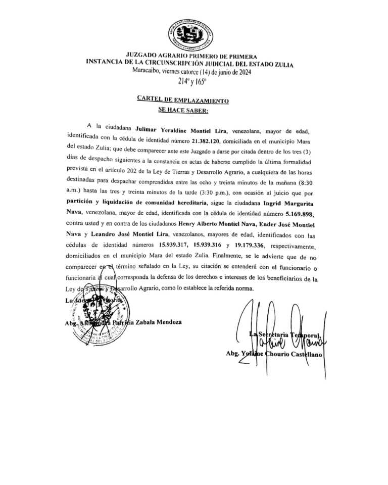 Cartel de emplazamiento Juicio por partición y liquidación