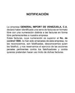 Cartel de notificación General Import de Venezuela, C.A