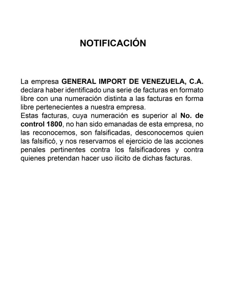 Cartel de notificación General Import de Venezuela, C.A