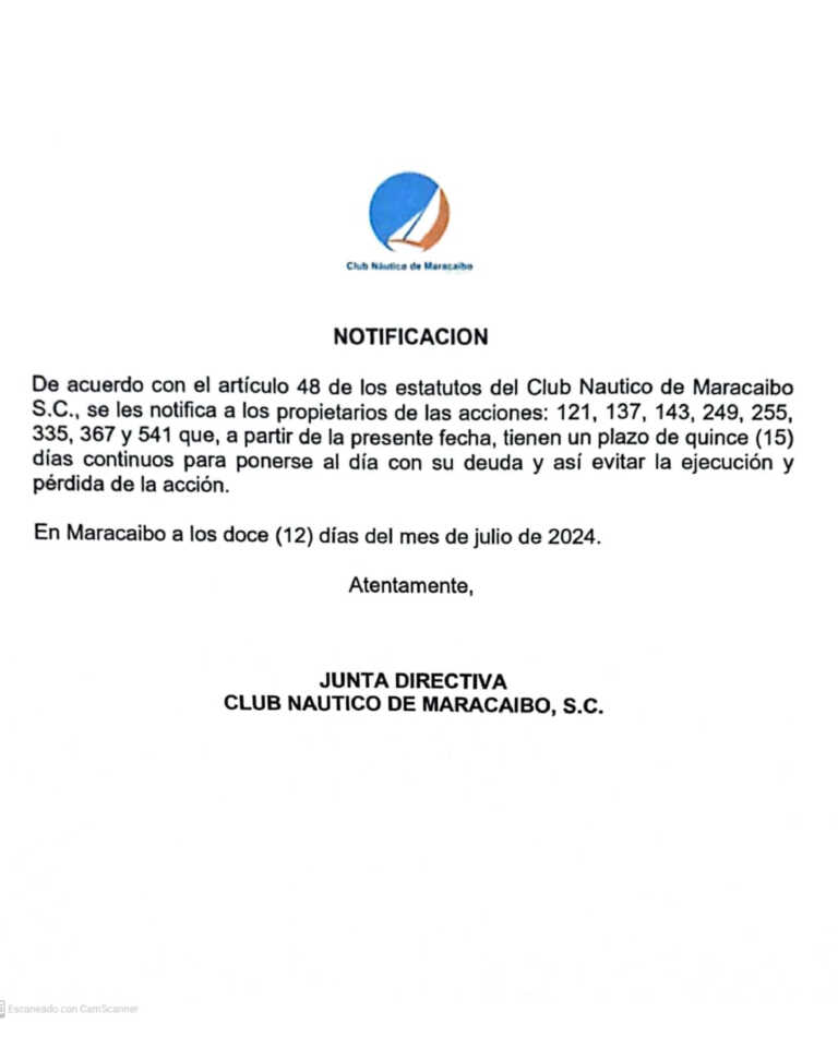 Notificación Club Náutico , S.C