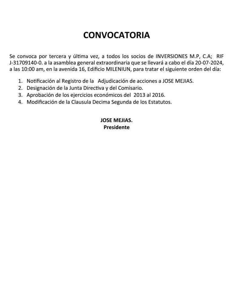 Convocatoria Inversiones M.P  C.A
