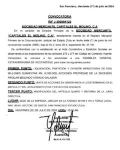 Convocatoria  Capitales el Molino, C.A .Exp. Nro 37.161