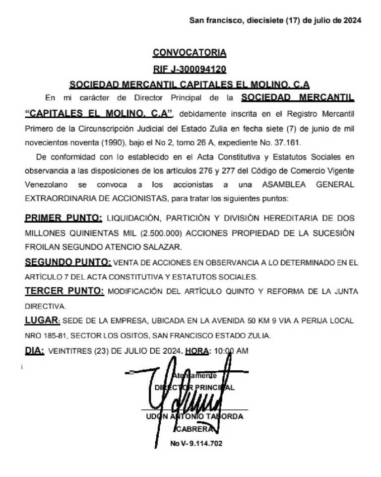 Convocatoria  Capitales el Molino, C.A .Exp. Nro 37.161