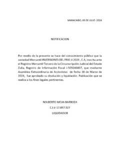 Notificación  Inversiones del Frio JJ 2024, C.A