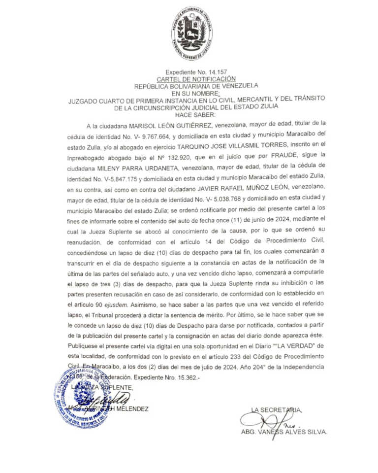 Cartel de notificación  Expediente No 14.157