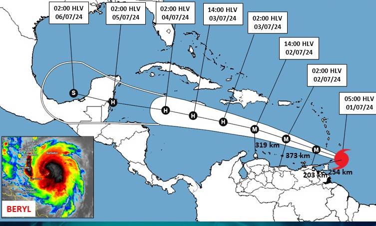 Huracán Beryl pasará este lunes por el mar Caribe