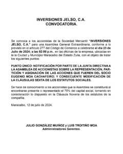 Convocatoria  Inversiones Jelso, C.A