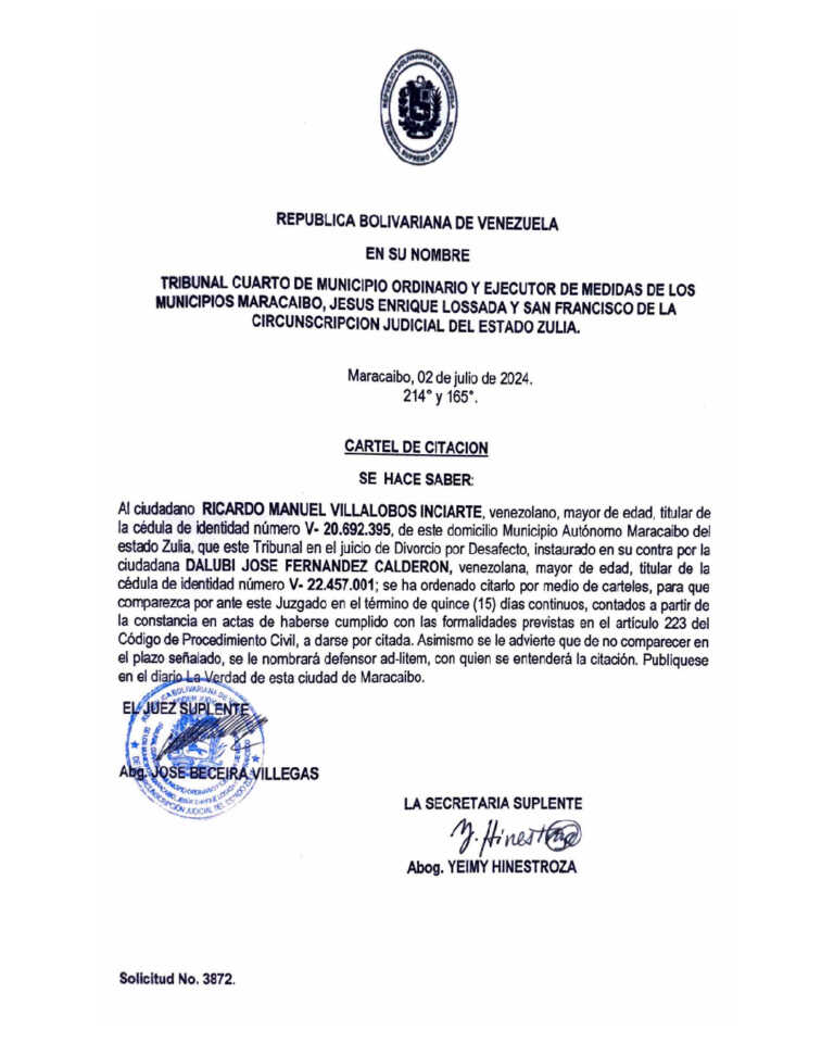 Cartel de citación  Solicitud No 3872