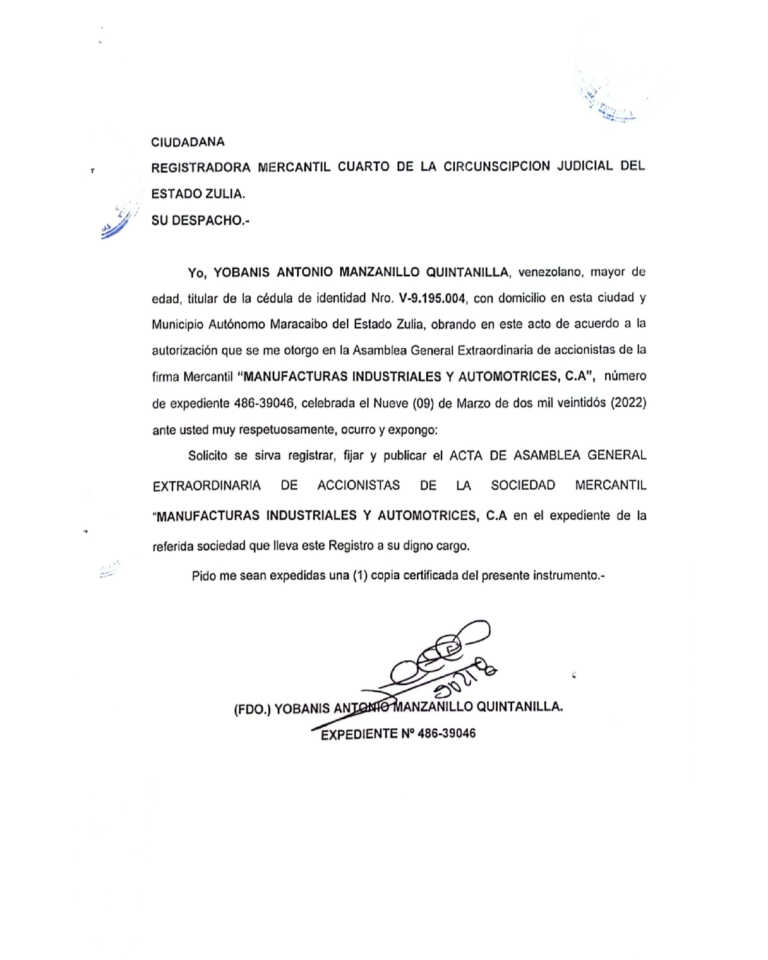 Registro Mercantil Manufacturas Industriales y Automotrices, C.A