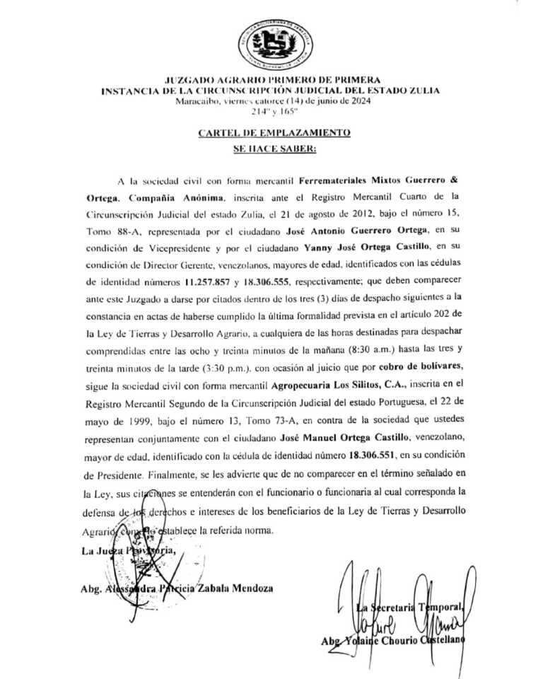 Cartel de emplazamiento Ferremateriales Mixtos Guerrero & Ortega