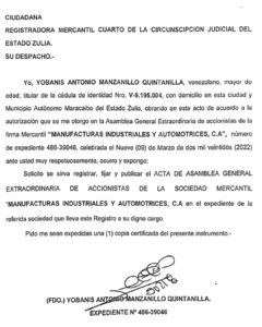 Registro Mercantil Manufacturas Industriales y Automotrices, C.A