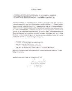 Convocatoria Asamblea  General Extraordinaria Sociedad mercantil Inversiones San Crist C.A