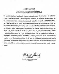 Convocatoria  Asamblea General Extraordinaria Agropecuaria La Fortaleza C.A