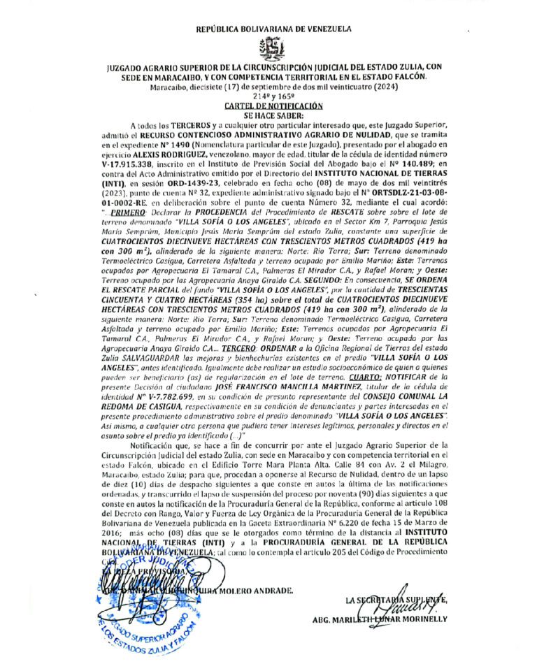 Cartel de Notificación  Expediente Nro 1490