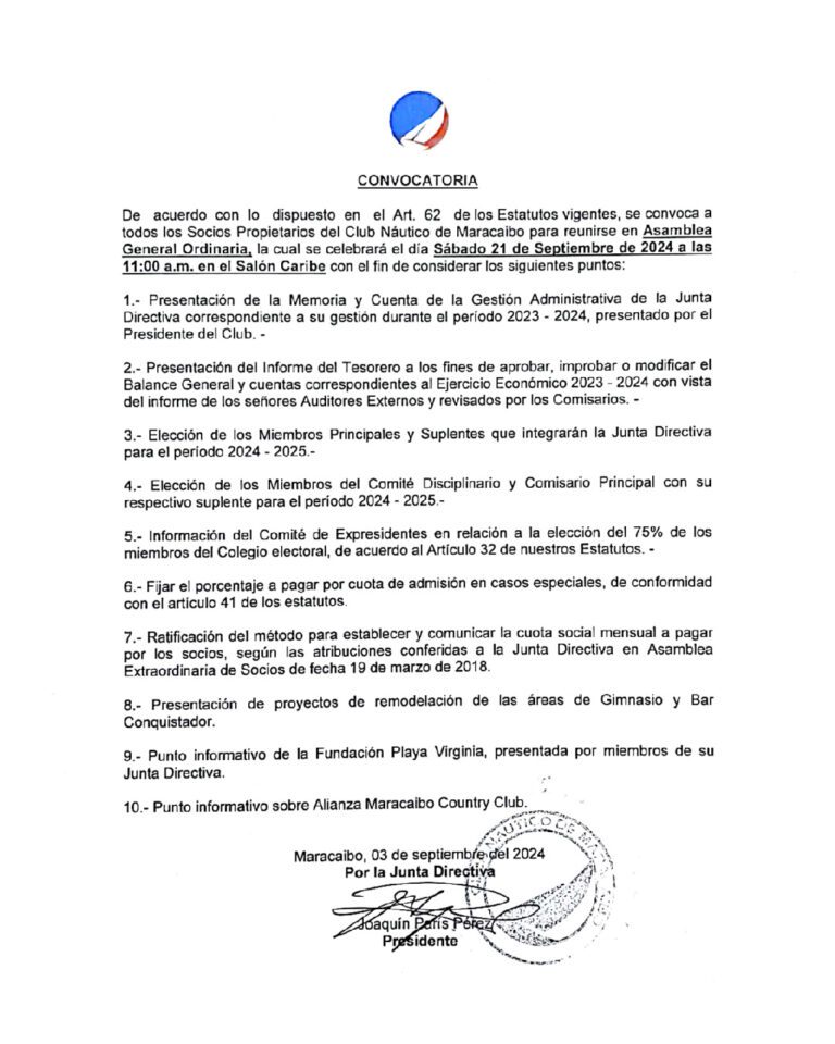 Convocatoria Asamblea General Ordinaria Club Naútico