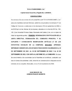 Convocatoria DHA FUNDICIONES, C.A  Asamblea General Ordinaria
