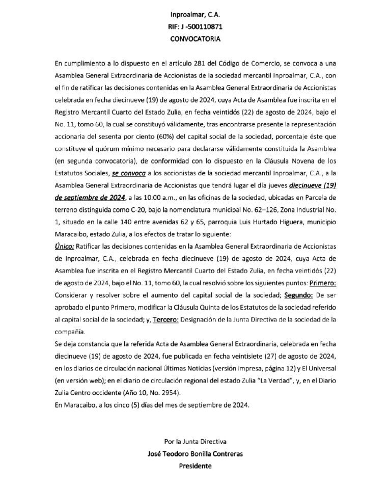 Convocatoria  Asamblea General Extraordinaria de Accionistas Inproalmar, C.A