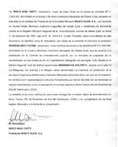 Cartel de notificación. Sociedad Mercantil Masi .Terminación de relación arrendataria