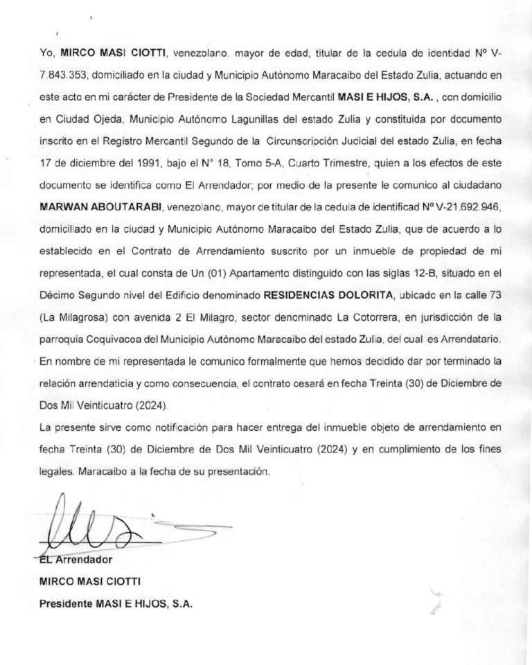 Cartel de notificación. Sociedad Mercantil Masi .Terminación de relación arrendataria