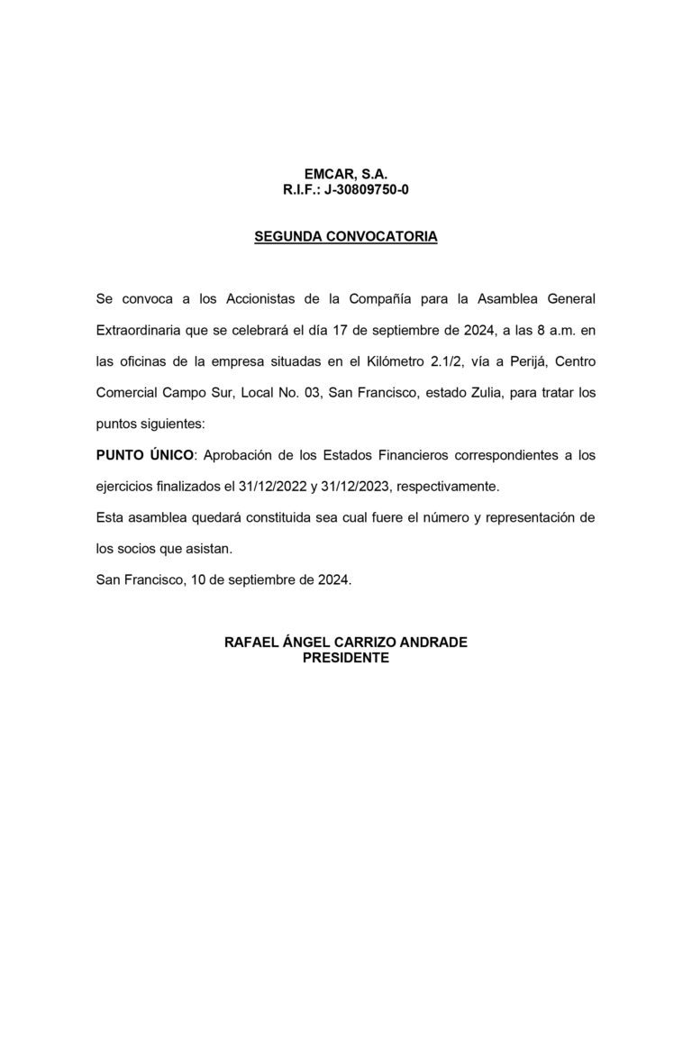 Segunda Convocatoria Asamblea General Extraordinaria de EMCAR, S.A