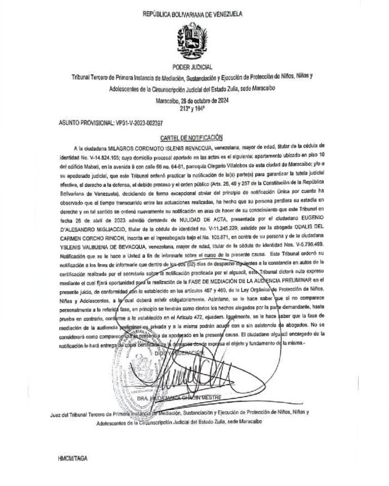 Cartel de Notificación Asunto provisional VP31-V-2023-002397  Milagros Coromoto Islenis Bevacqua