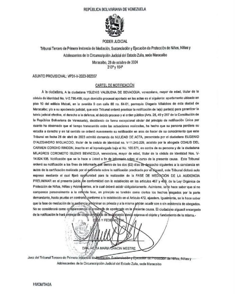 Cartel de Notificación Asunto provisional VP31-V-2023-002397 Yslenis Valbuena De Bevacqua